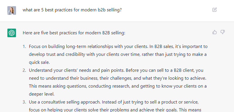 A screenshot asking ChatGPT “what are 5 best practices of modern selling” and showing ChatGPT responses