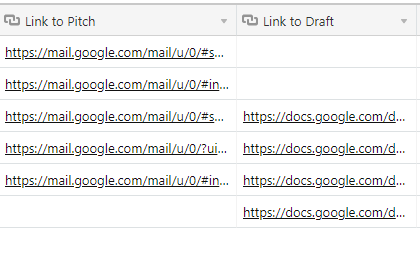 Airtable view showing fields Link to Pitch, Link to Draft, and Published Link.