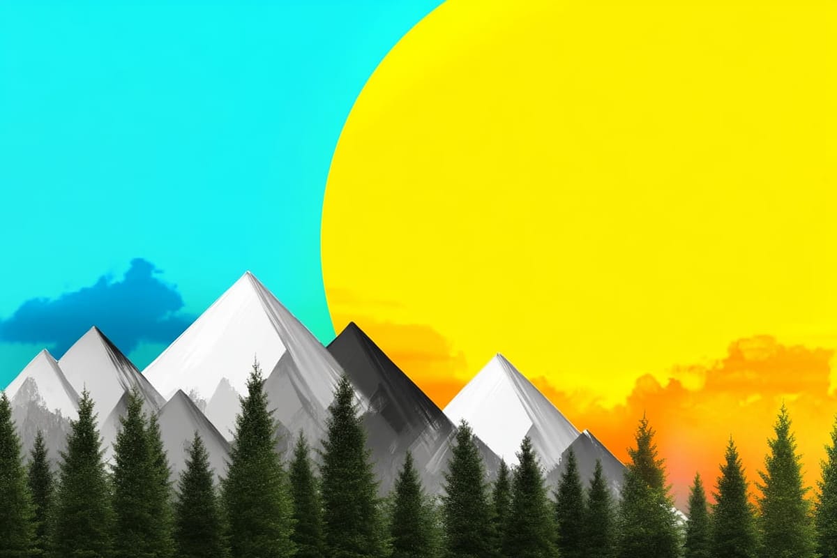 A large sun behind mountains and pine trees