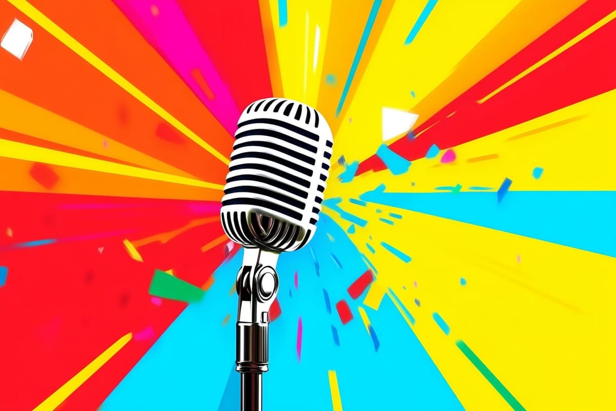 an old-fashioned microphone in front of an explosion of primary colors