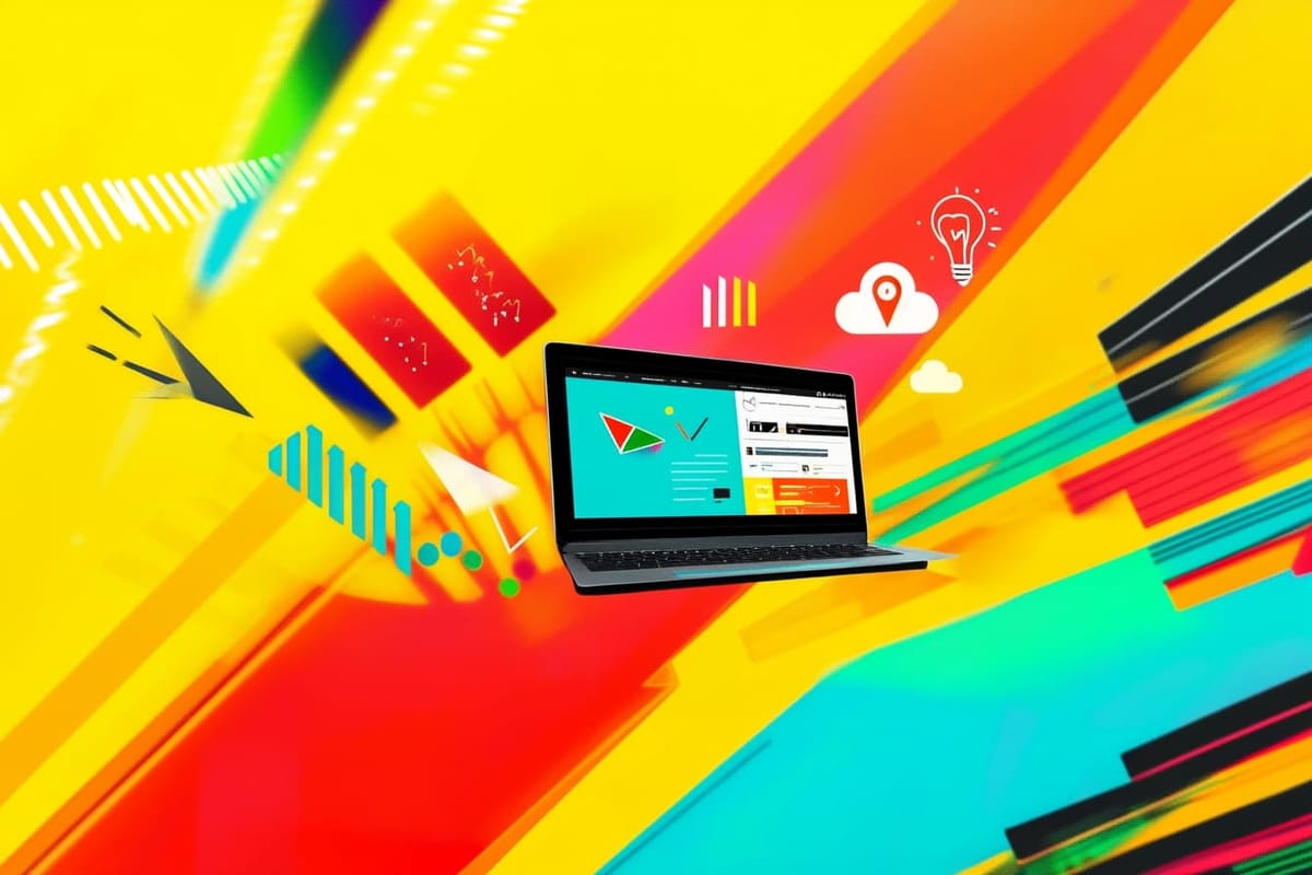 a vibrant solo entrepreneur workspace filled with bold, colorful visuals like marketing charts, email symbols, lead magnet checklists, social media icons, and content strategy diagram