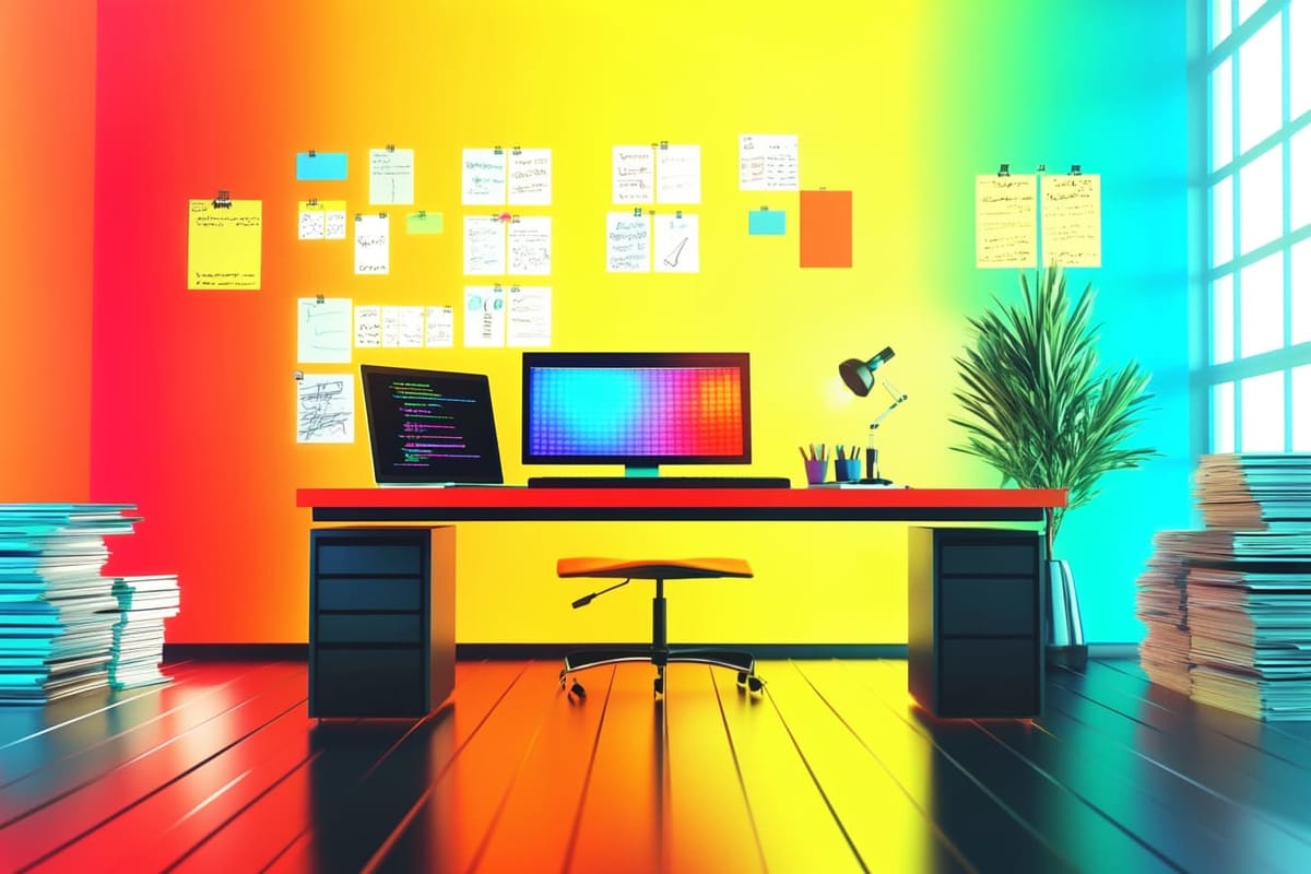 An office with a computer, stacks of papers, and notes on a wall, showing how a solopreneur can think like a CEO