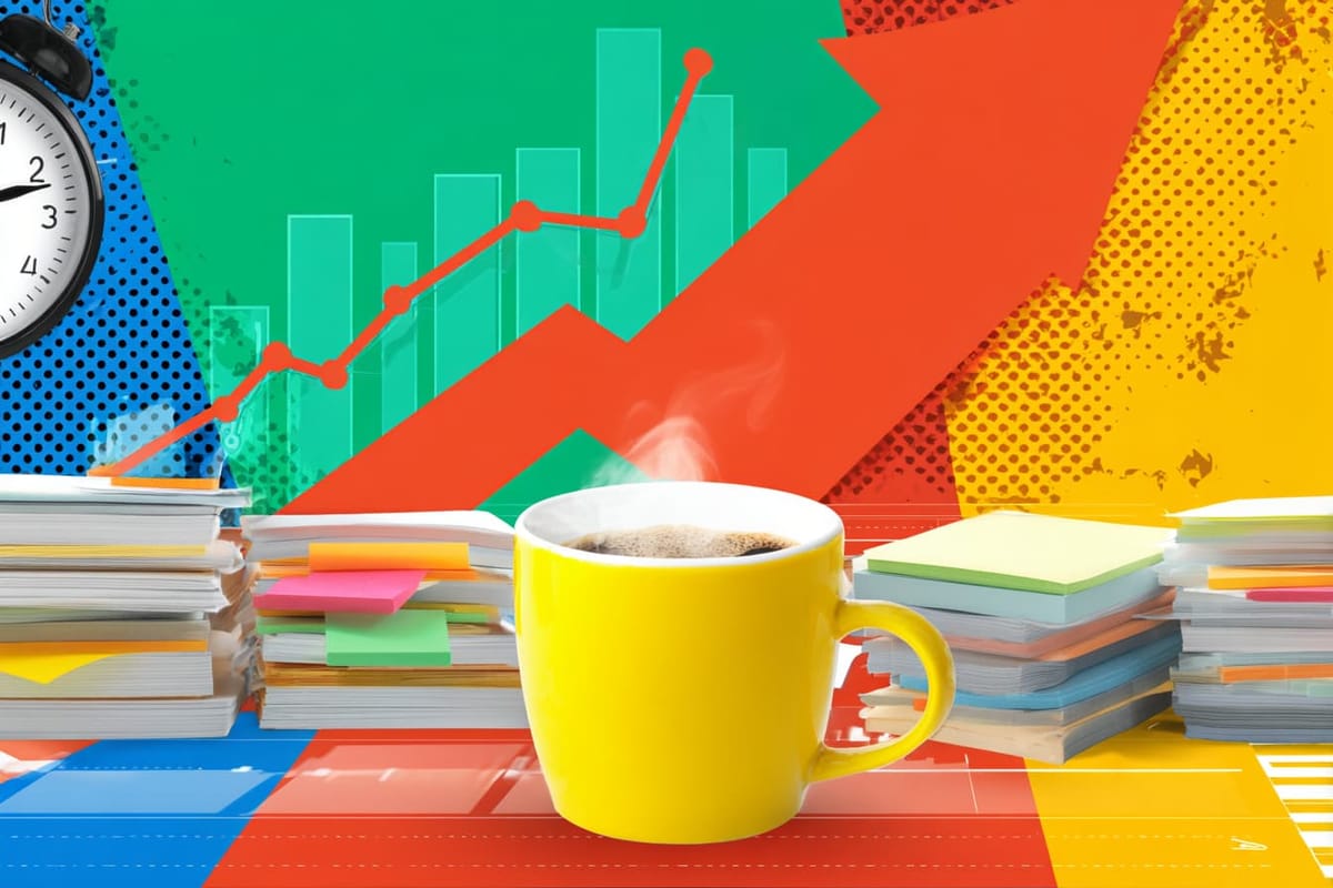 Digital illustration of a yellow coffee cup surrounded by books, post-it notes, and a clock