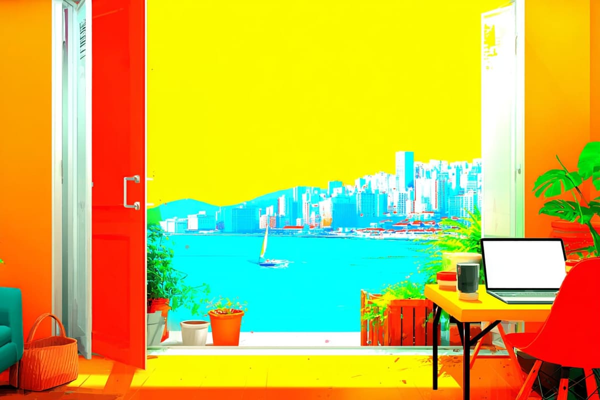 A laptop on a desk overlooking a city from an apartment balcony