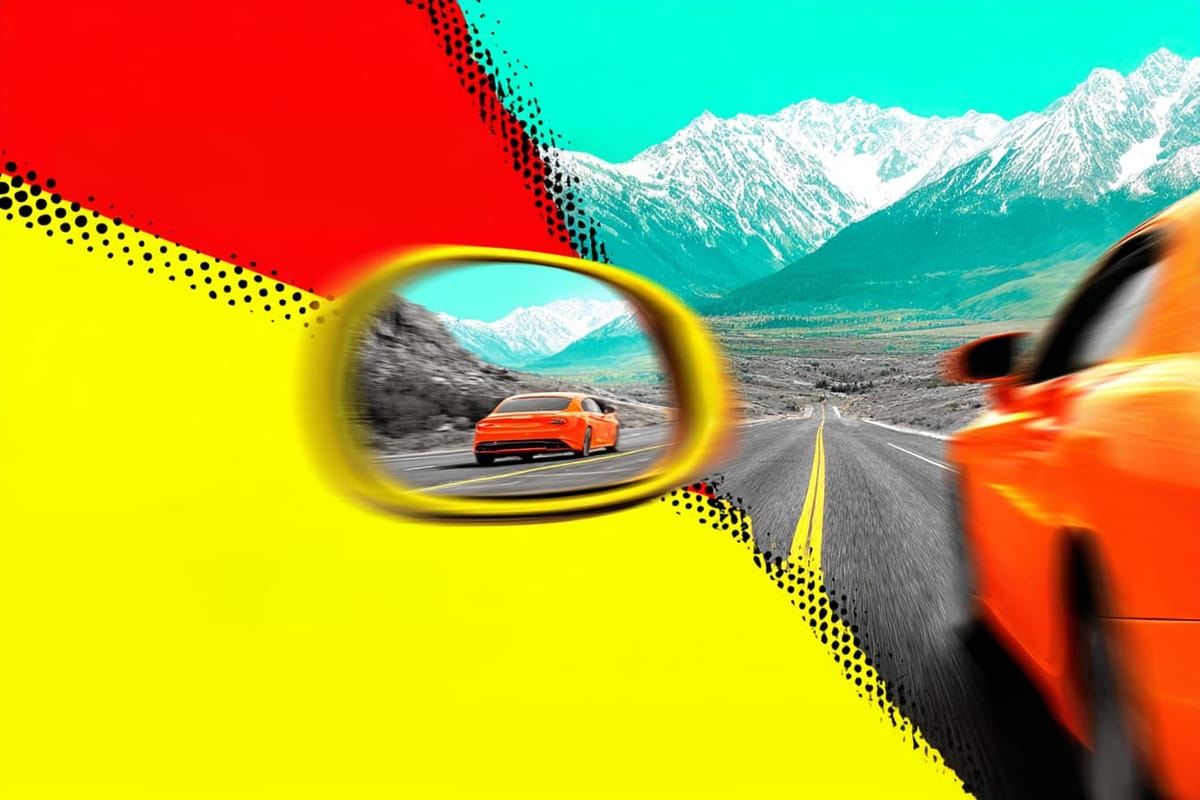 digital illustration of a car zooming by with another car in a rearview mirror
