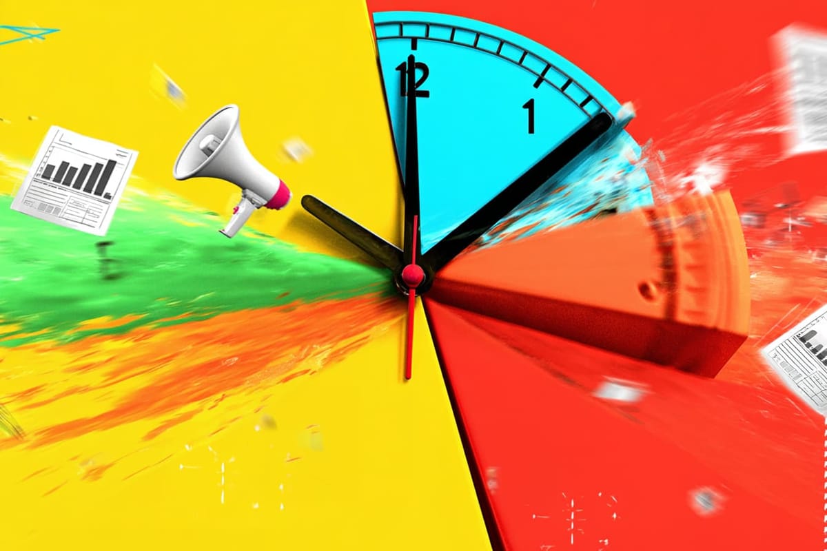 Digital illustration of a portfion of a clock, like a piece of a pie, with flying papers and a megaphone