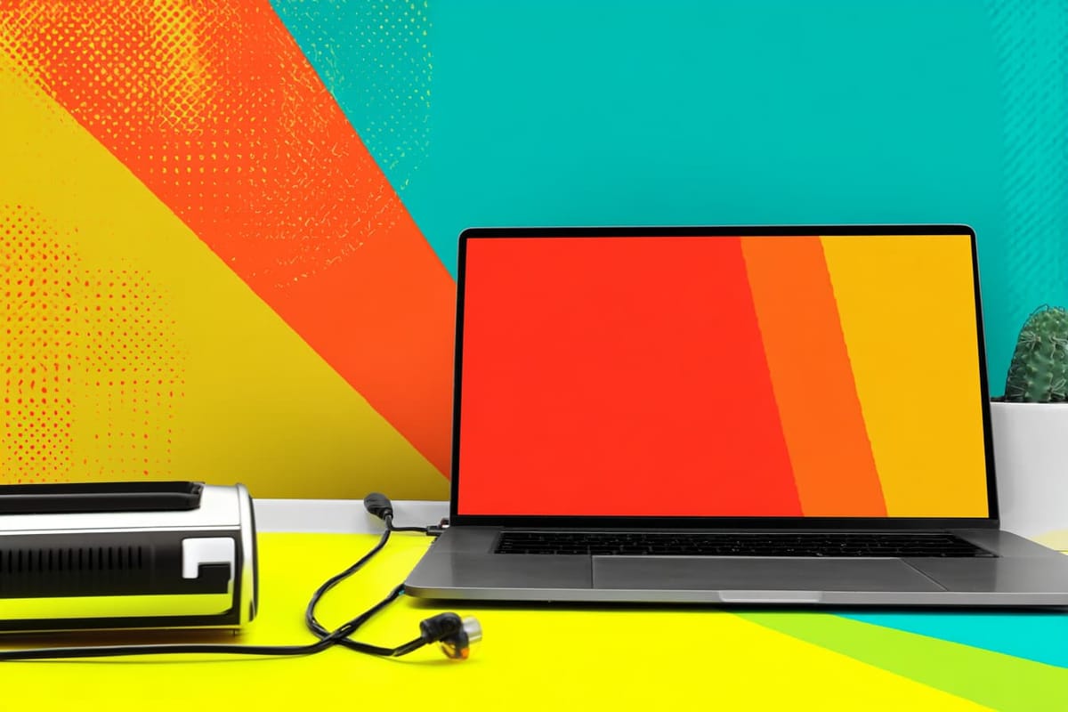 Digital illustration of an open laptop in neon tones