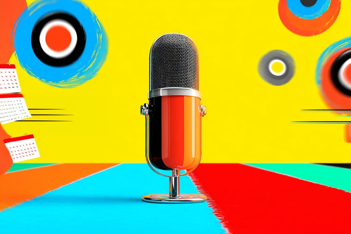 A vibrant pop art-style illustration of a retro microphone on a colorful striped surface with abstract calendar and target graphics in the background.