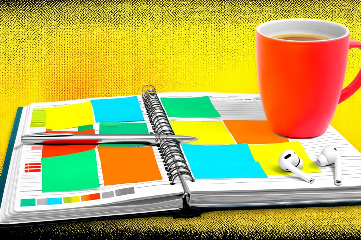 Colorful pop art illustration of a paper planner with notes and a coffee mug.