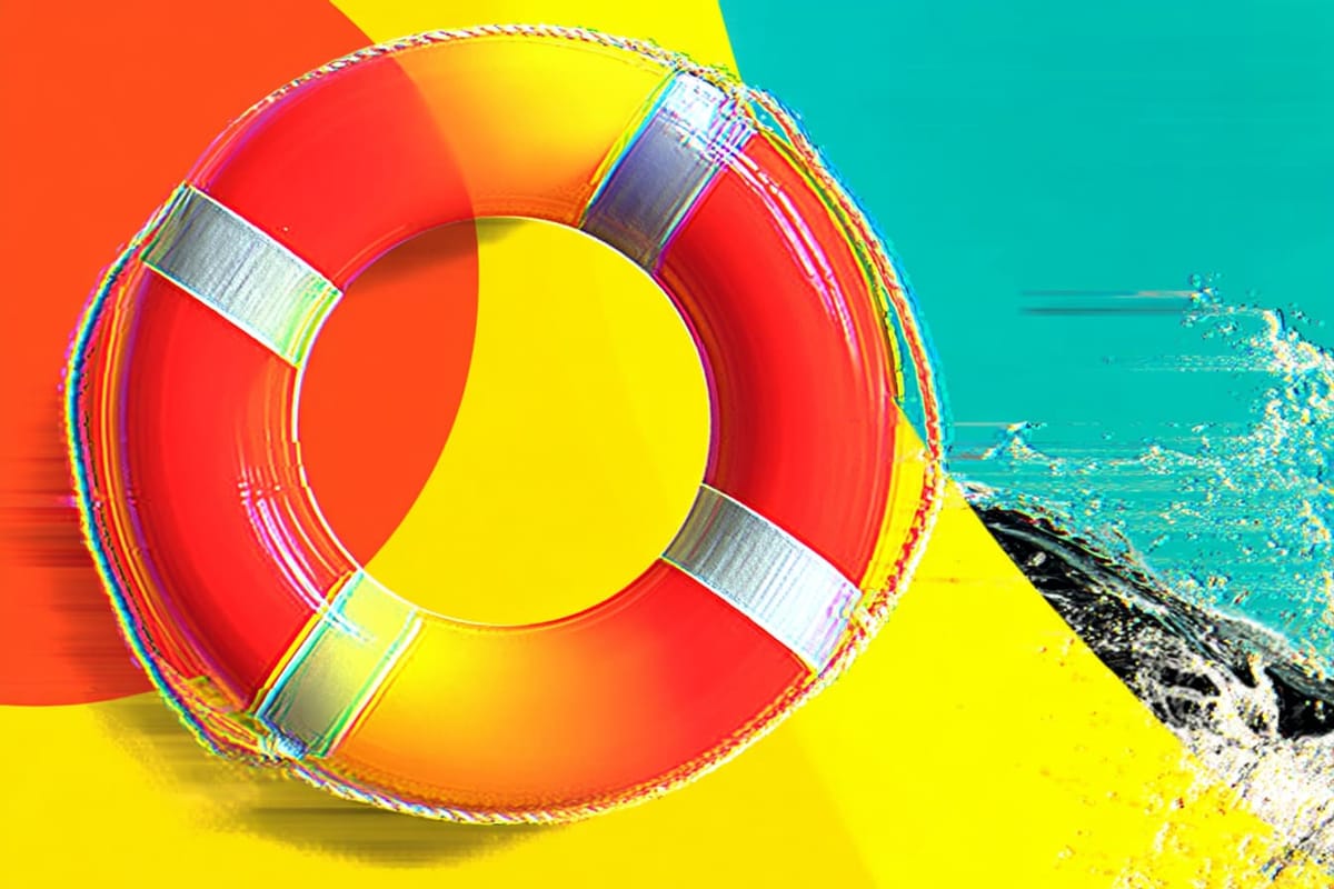 A bright red lifebuoy floats against a bold, abstract background of yellow, orange, and teal with splashing water.