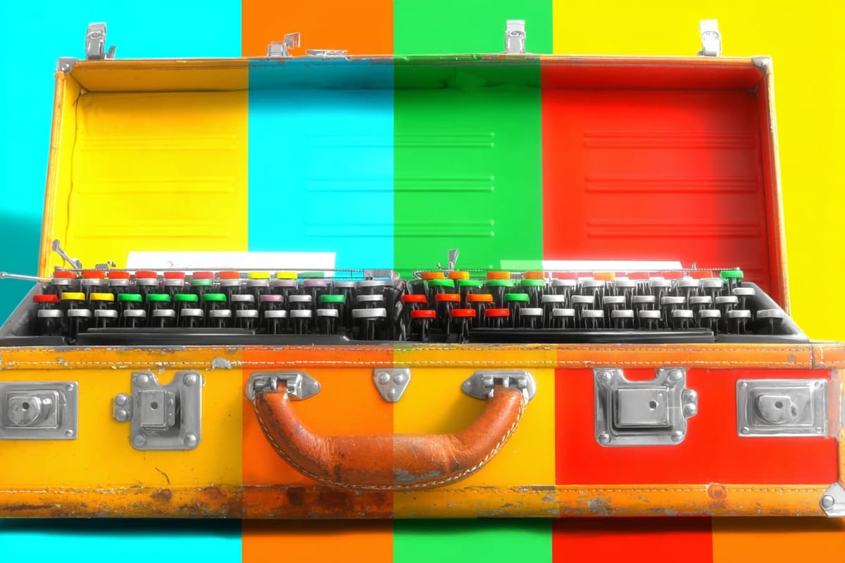 Pop art illustration of a hybrid briefcase-typewriter with glowing keys