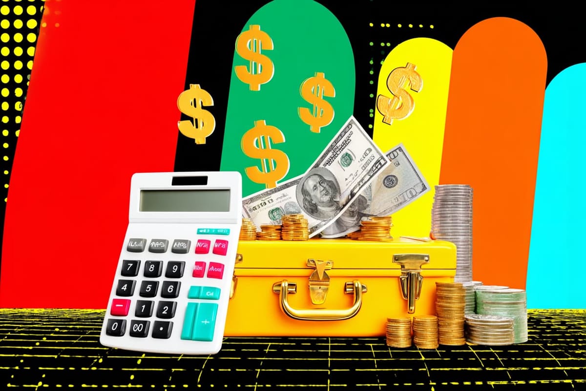 A pop art illustration of a calculator transforming into a briefcase with financial symbols floating around.