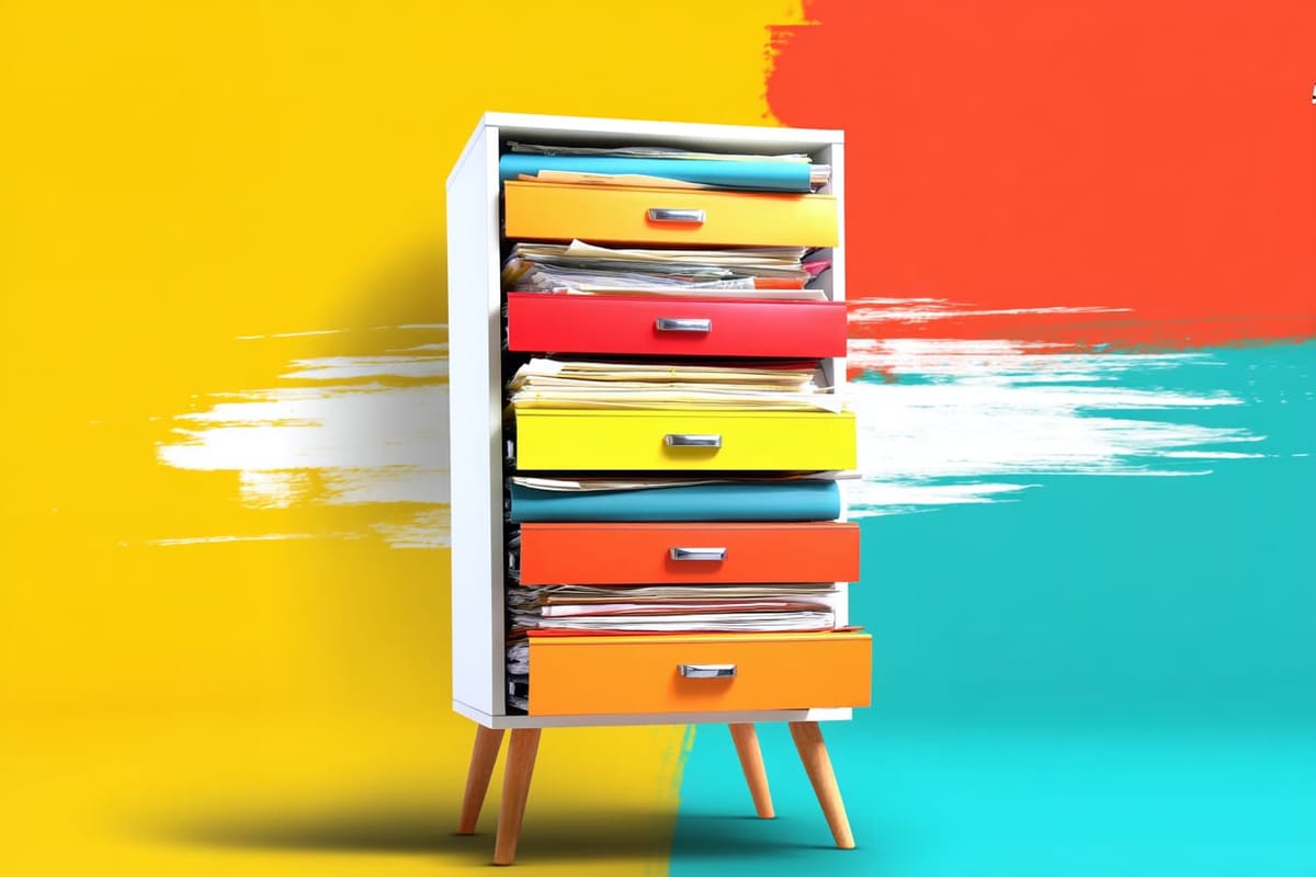 A colorful filing cabinet with overflowing drawers set against a bright, multicolored painted background.