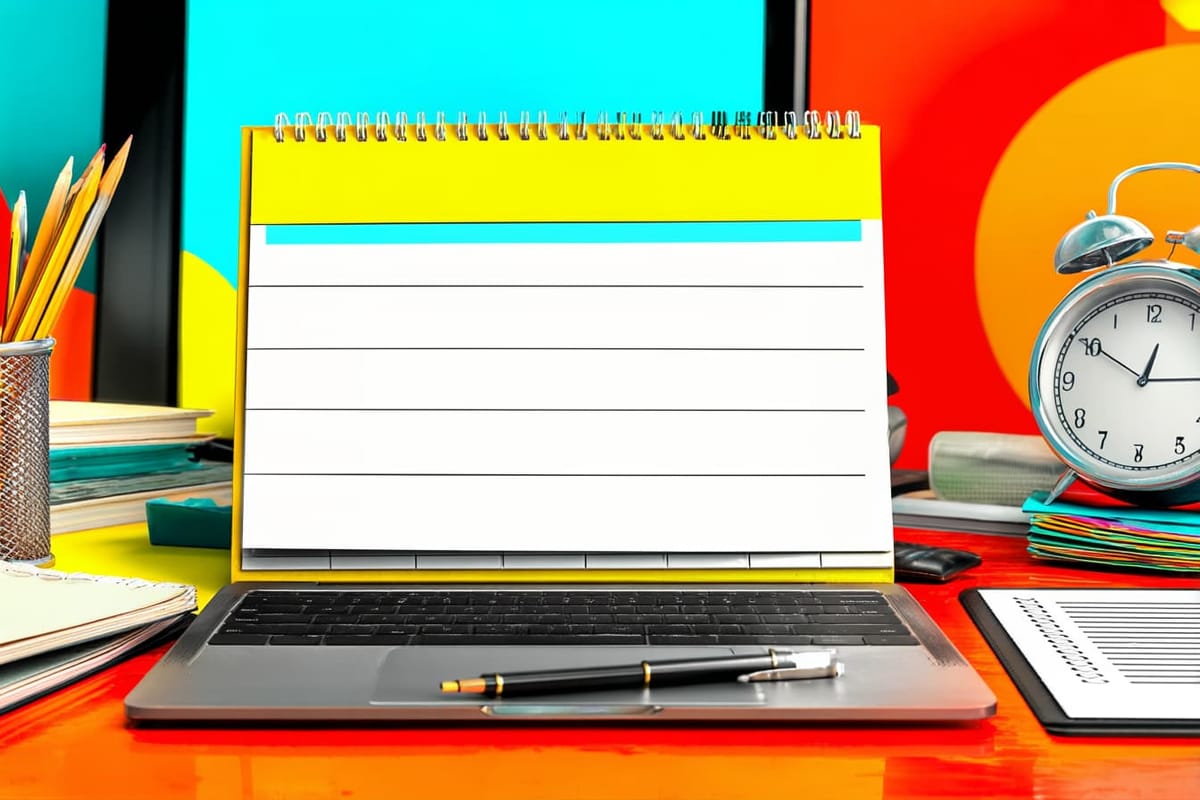A colorful pop art-style workspace featuring a blank desk calendar propped on a laptop, with a pen, clock, and notebooks nearby.