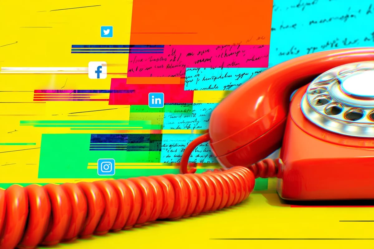 A neon-colored rotary phone with social media icons symbolizing personal sharing online