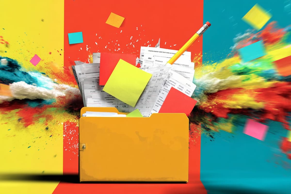 digital illustration of a manila folder bursting with papers and post-it notes