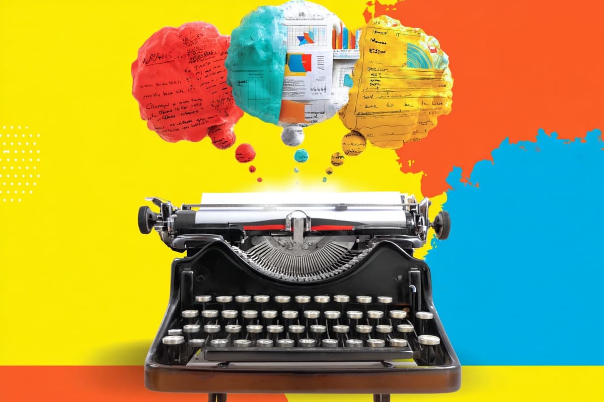 Vintage typewriter with colorful thought bubbles containing charts, notes, and scribbles against a bold, pop-art background.