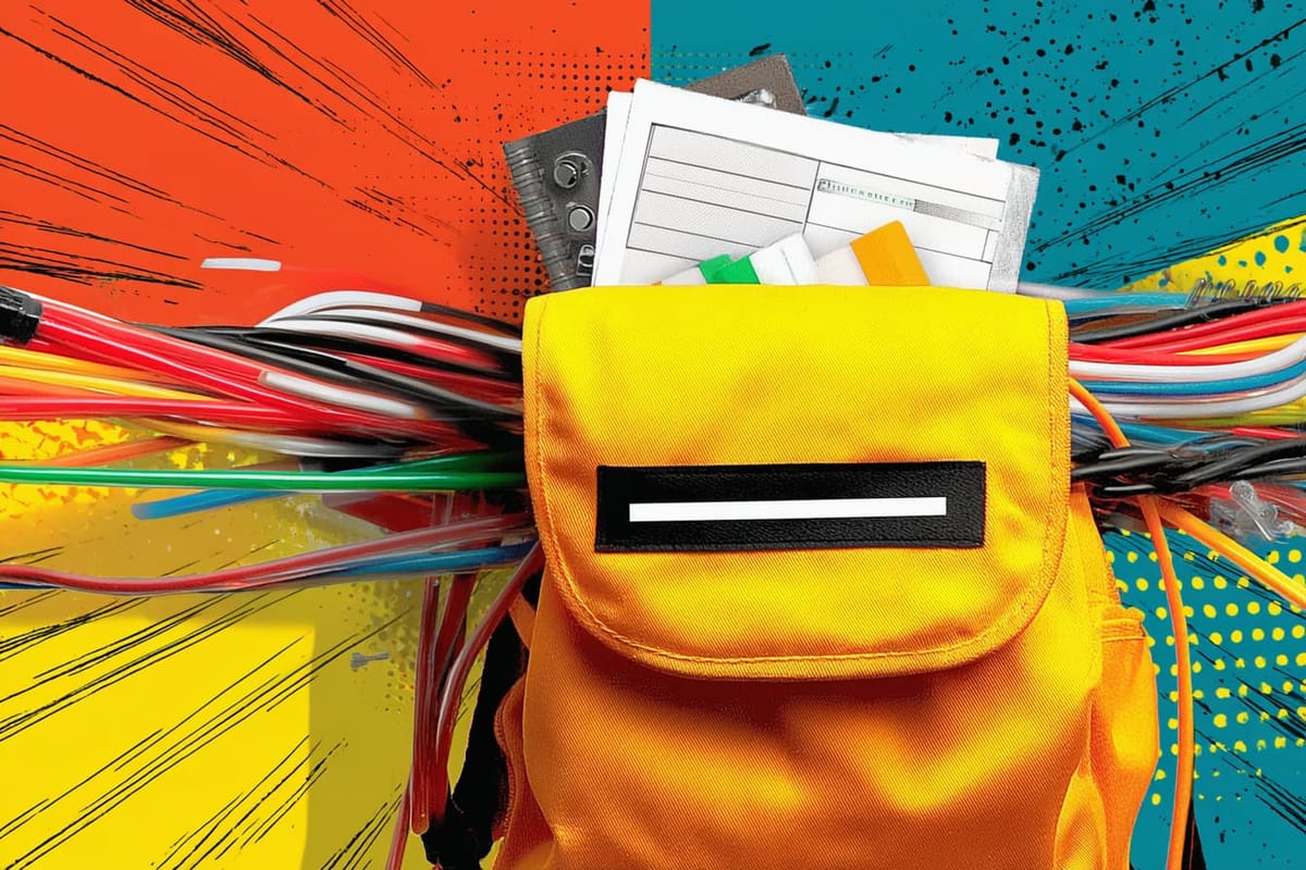 Pop art illustration of a backpack with papes and computer wires