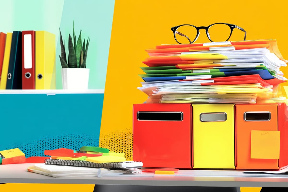 Colorful desk organizer with folders and notes