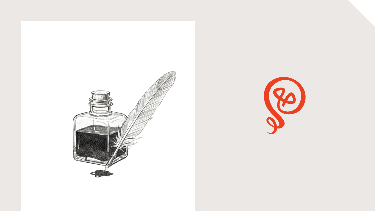 Line drawing of an ink bottle and quill with the Building Solo logo