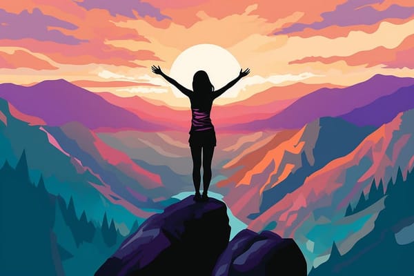 pop art illustration of a woman standing on top of a mountain with her arms outstretched