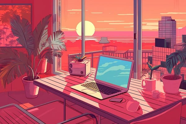 An office with a laptop on a wooden desk with a plant, overlooking a cityscape and sunset