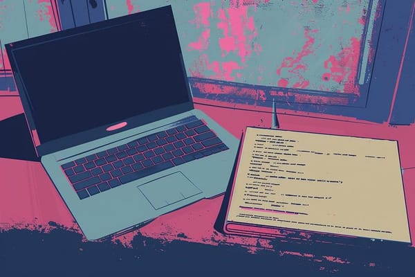 pop art illustration of a laptop and open notebook on a table.