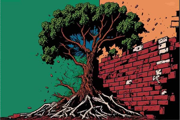 a tree growing from a broken pile of bricks, pop art