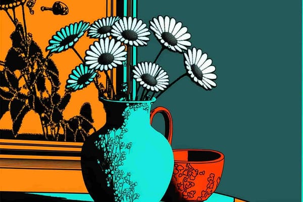 pottery and some flowers in a vase, pop art