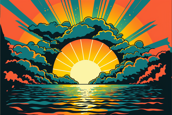 a sunrise over a calm ocean, pop art