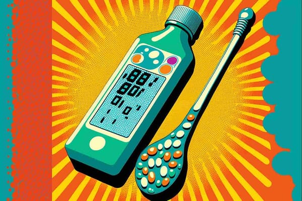 a thermometer and a bottle of pills, pop art