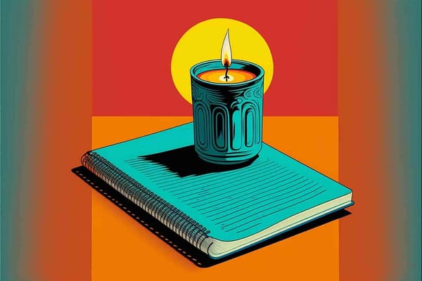 A candle and a notebook on a desk, pop art