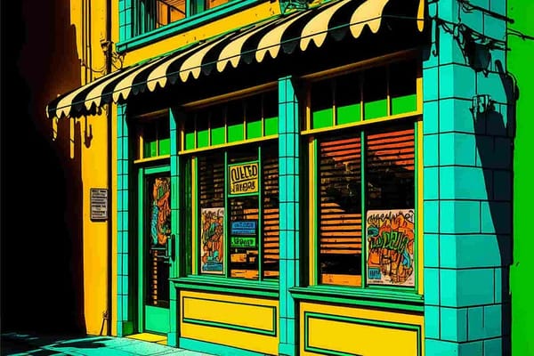 a storefront with bars over its windows, pop art