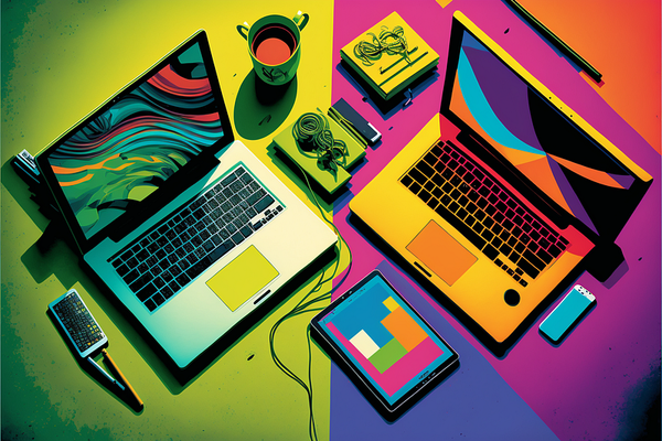 an aerial view of two laptops on a desk, pop art