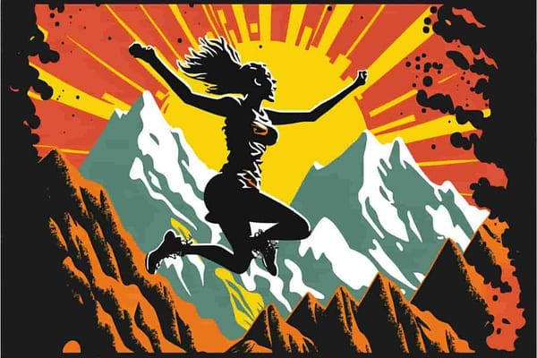 silhouette of a woman leaping for joy with mountains in the background, pop art