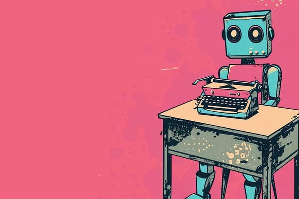 pop art illustration of robot sitting behind a desk with a typewriter