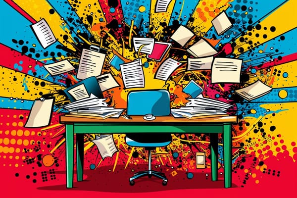 pop art illustration of a freelancer's chaotic desk with papers flying around