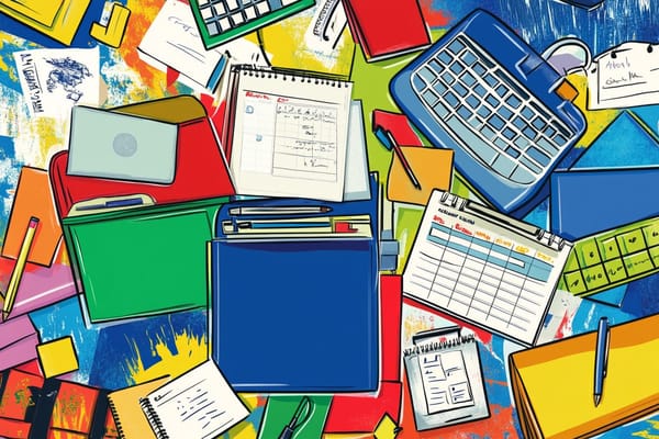 pop art illustration of notebooks, checklists, and calculators