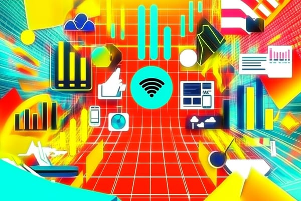 Neon illustration of apps and charts surrounding a WiFi symbol