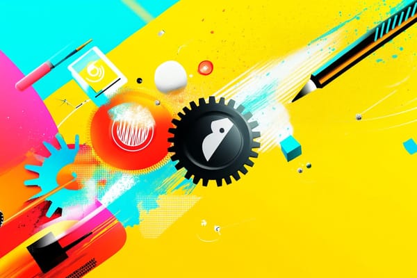 Vibrant illustration of gears and a pen