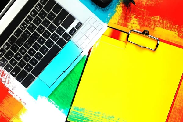 Neon-colored illustration of a clipboard and a laptop on a desk