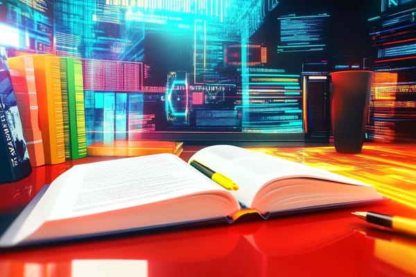 An open book on a desk with books in the background