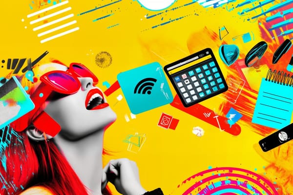 Neon illustration of a woman with sunglasses and her mouth open surrounded by apps, tools, and notebooks