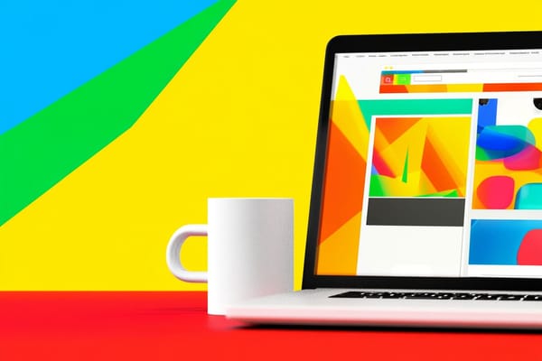 A vibrant laptop next to a coffee mug