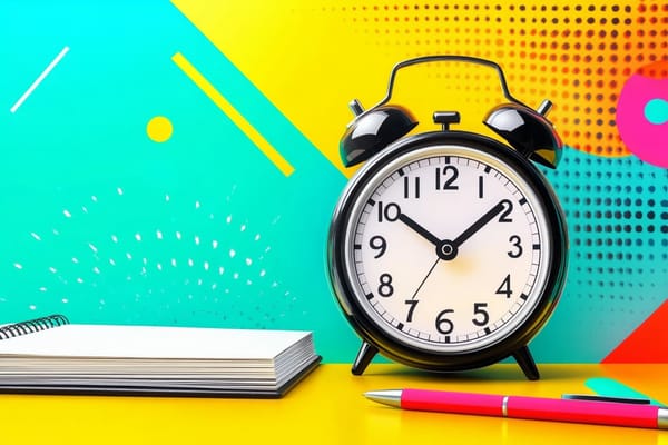 Neon image of a clock, notebook, and pen