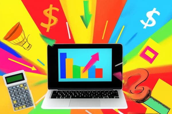 Bright neon colors surrounding a laptop displaying a growth chart, a calculator, and dollar signs