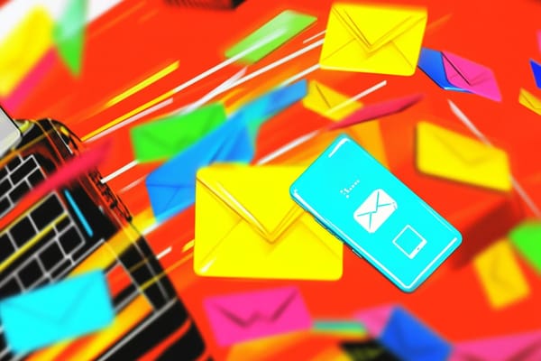 Neon and bright illustration of envelopes, a phone, and an old-fashioned rolodex machine