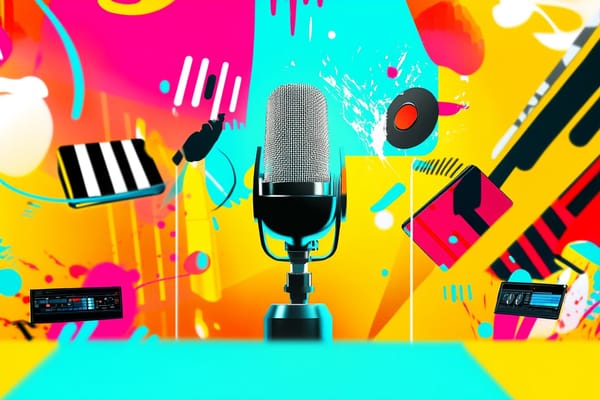 A podcast studio with a microphone, headphones, and abstract shapes representing sound waves