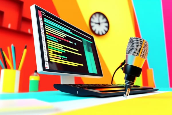 Primary color illustration of a desk with a microphone and a clock in the background