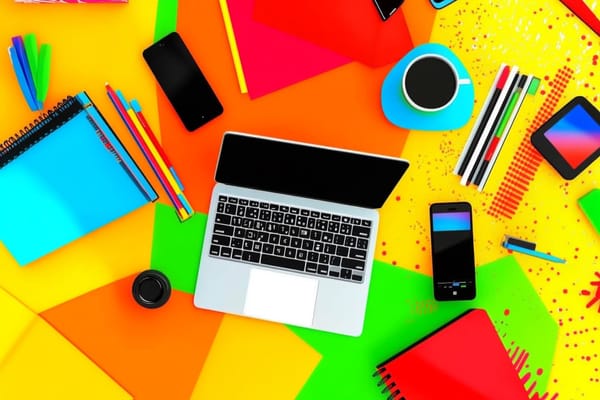 Top view of a desk with a laptop, mobile phone, notebook, coffee, and pens